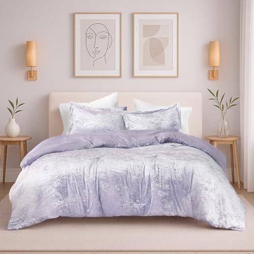 Comfort Spaces Juliette Purple Comforter Set Velvet Lush with Soft Brushed Microfiber Reverse, All Season Cozy Velvet Lavender Bedding Sets, Fluffy Comforter Bed Set, Matching Sham, Full/Queen 3 Piece - Image 1