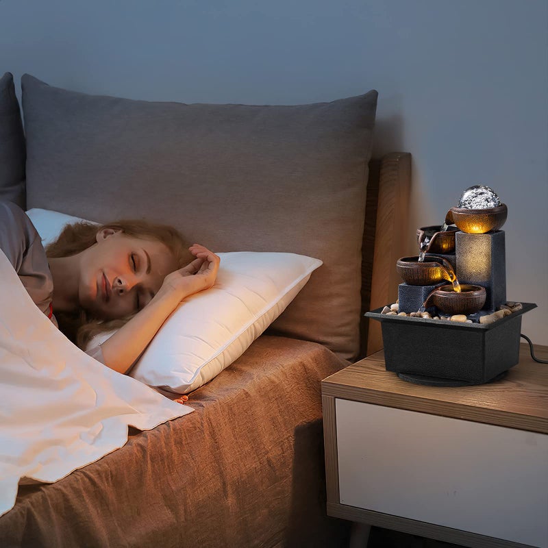 AMOOTEK Tabletop Fountain 4 Level Tabletop Waterfall Indoor Meditation Fountain Office Home Relax Desktop Waterfall Includes Many Natural River Rocks LED Lights Bubble Ball Great Choice as Festival Gifts - Image 5