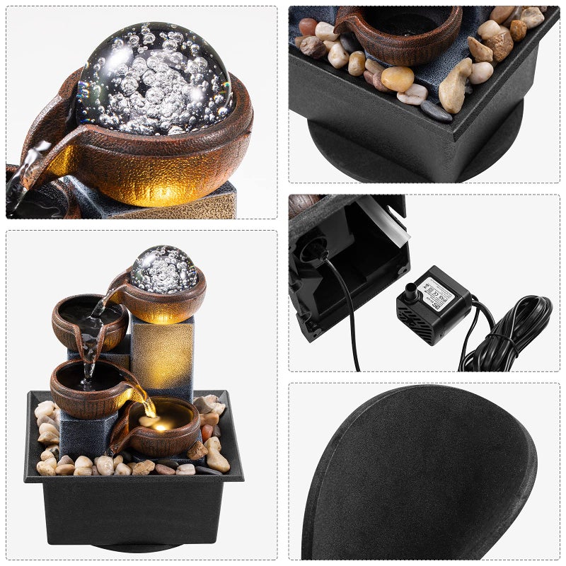 AMOOTEK Tabletop Fountain 4 Level Tabletop Waterfall Indoor Meditation Fountain Office Home Relax Desktop Waterfall Includes Many Natural River Rocks LED Lights Bubble Ball Great Choice as Festival Gifts - Image 3