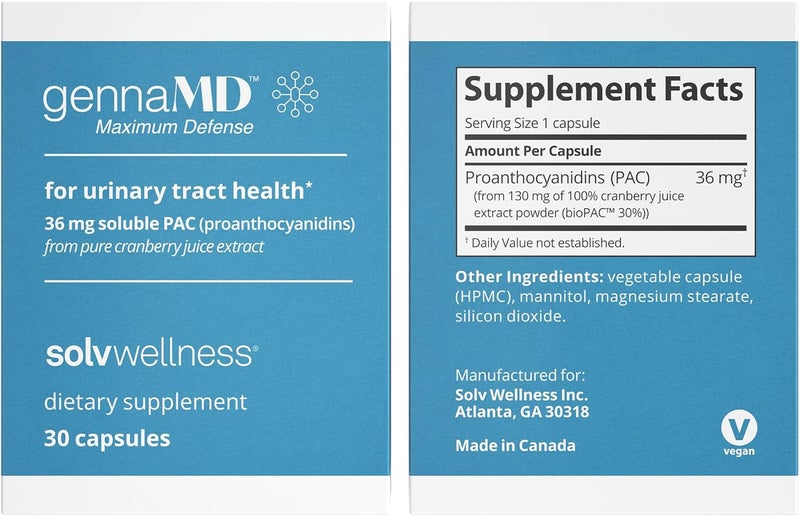 Solv Wellness GennaMD  36 mg Soluble PAC  Clincially Studied  100 Cranberry Juice Extract  Urinary Tract Support for Women  Maximum UTI Defense  No GMOs  Gluten Free  30 Vegan Capsules - Image 2