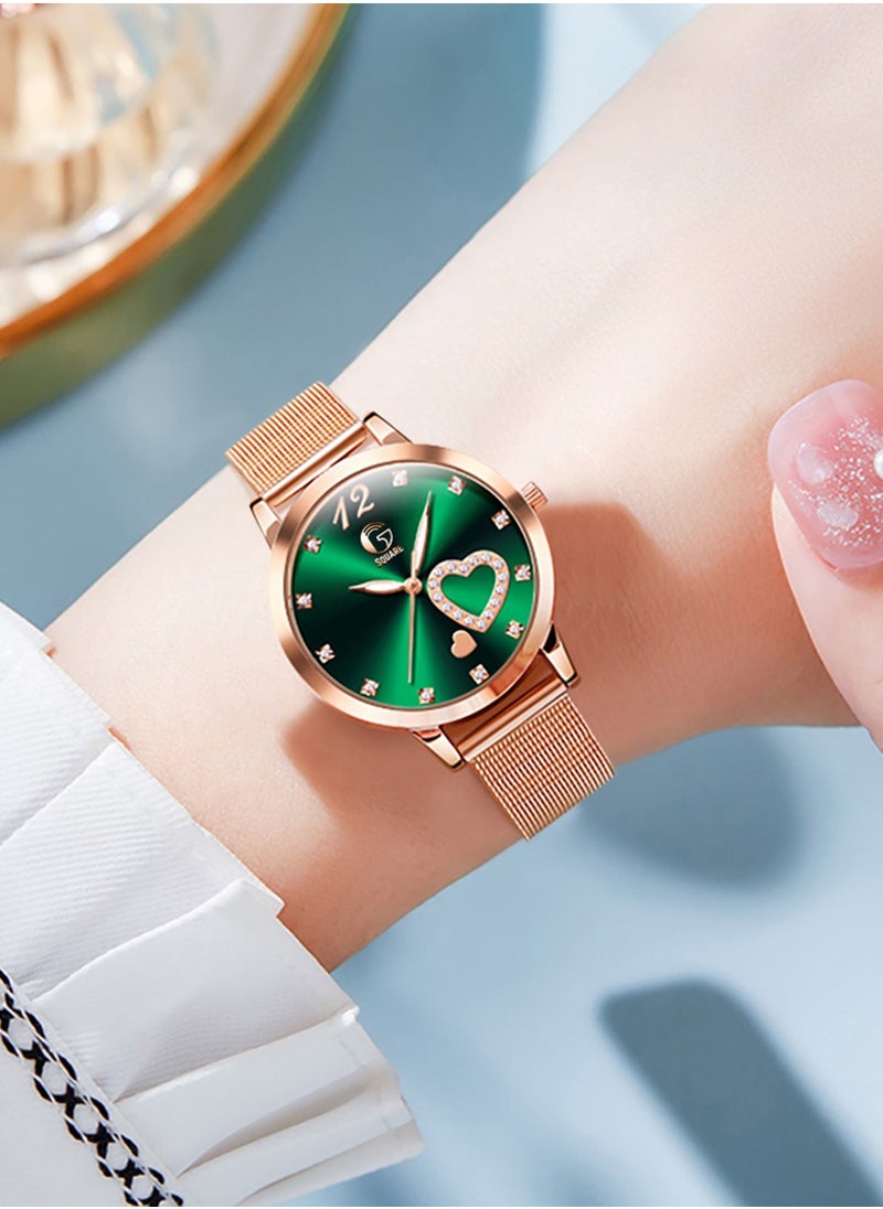 Gsquare Women Analog Quartz Heart Shape Green Dial Stainless Steel Band Watch - 5189  - Image 3