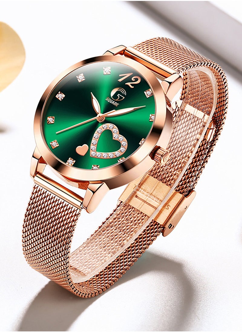 Gsquare Women Analog Quartz Heart Shape Green Dial Stainless Steel Band Watch - 5189  - Image 2