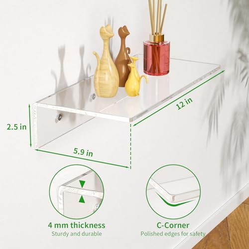 FEMELI 2 PCS 12" Acrylic Floating Shelves, Clear Shelf for Display, Plant, Perfume, Book in Bedroom Living Room Office, 5mm Thick Wall-Mounted Acrylic Shelves for Wall - Image 2