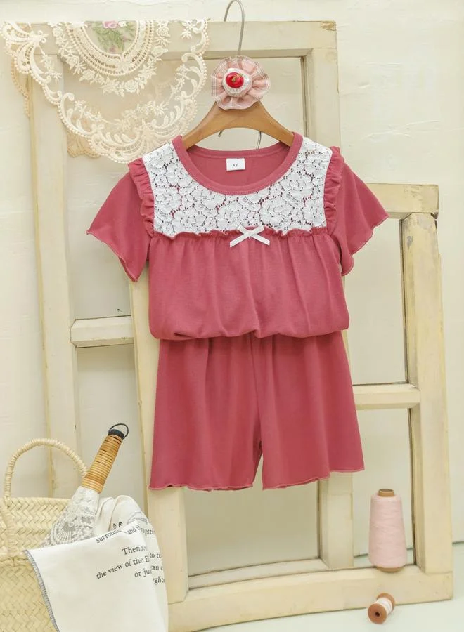 Take Two Girls Pink Lace Trim Top and Shorts Pyjama Set