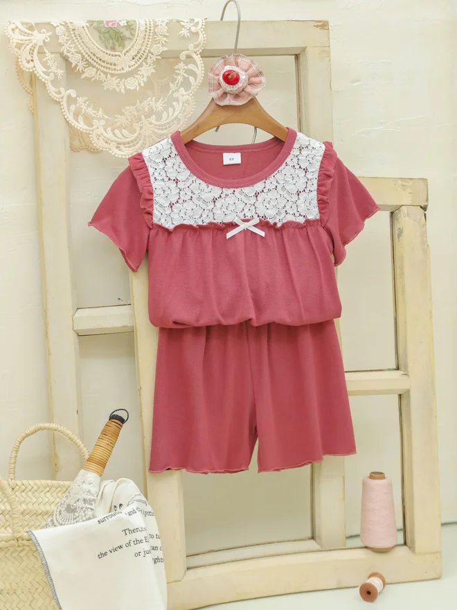 Take Two Girls Pink Lace Trim Top And Shorts Pyjama Set