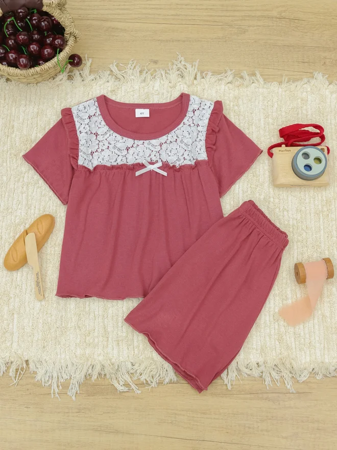 Take Two  Girls Pink Lace Trim Top And Shorts Pyjama Set for Women | Best Price UAE