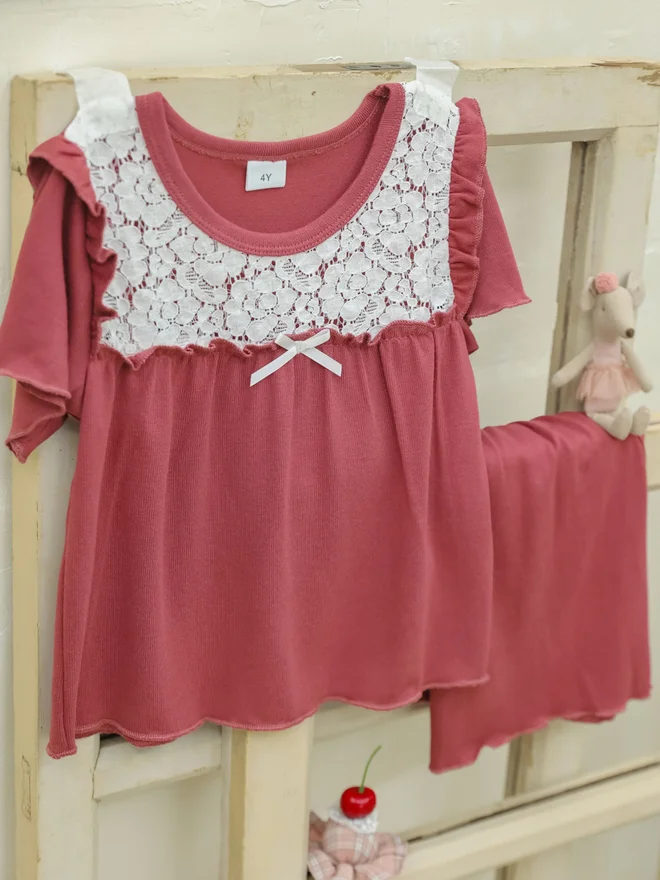 Take Two  Girls Pink Lace Trim Top And Shorts Pyjama Set for Women | Best Price UAE