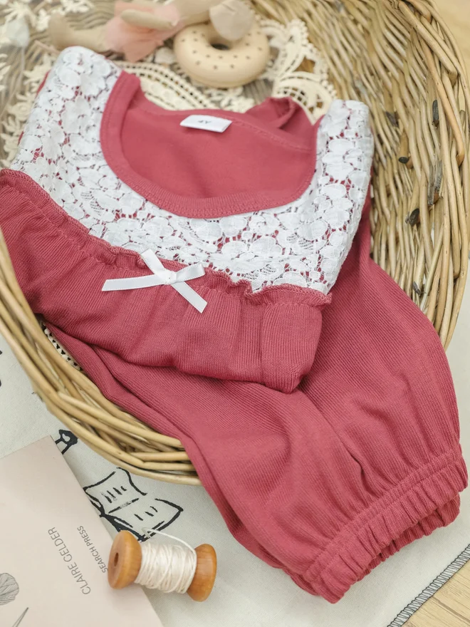Take Two  Girls Pink Lace Trim Top And Shorts Pyjama Set for Women | Best Price UAE