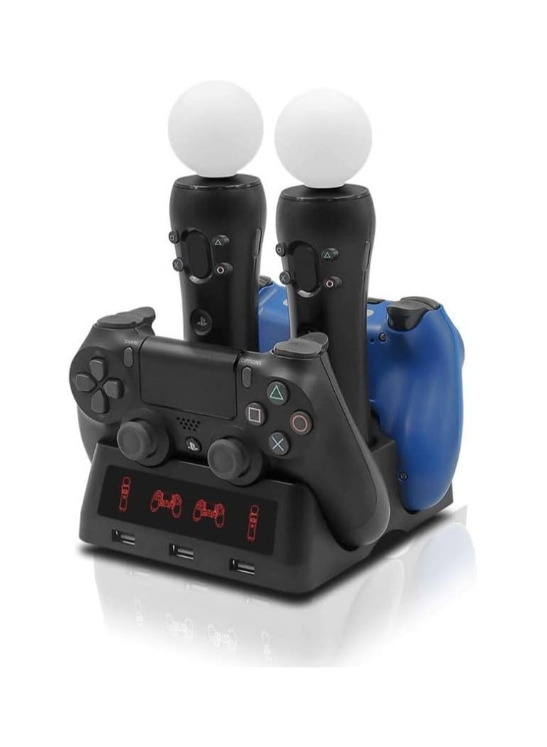 PS4 Controller Charging Station, PS4 Move Controller Charging Station with LED Display and 3 Front USB Ports, 4-in-1 Controller Charging Station for PS4/Pro/PS4 Slim/VR Move Motion Controllers - Image 1
