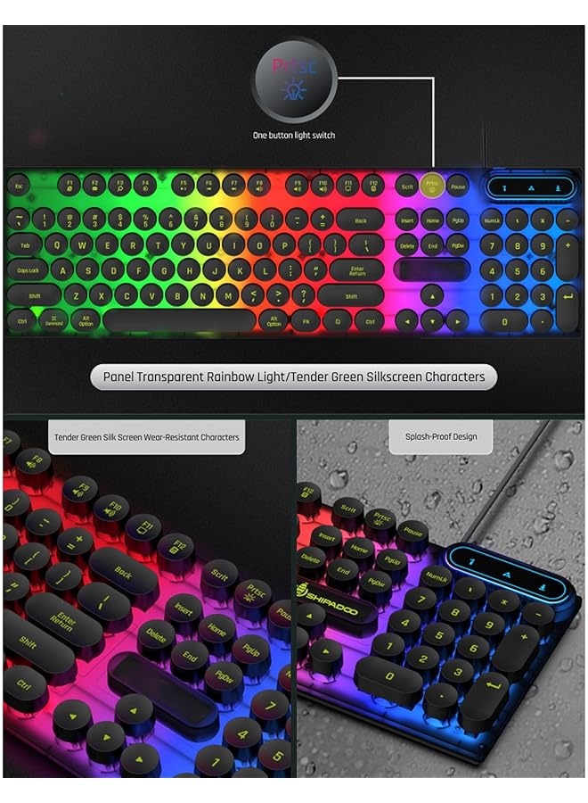 Wired Gaming Keyboard And Mouse Combo Led Backlit Anti Ghost Wired Keyboard Mouse Retro Punk Round Keycaps 1600Dpi Optical Mouse Usb Computer Keyboard For Winxp/7/8/10 Os X - Image 4