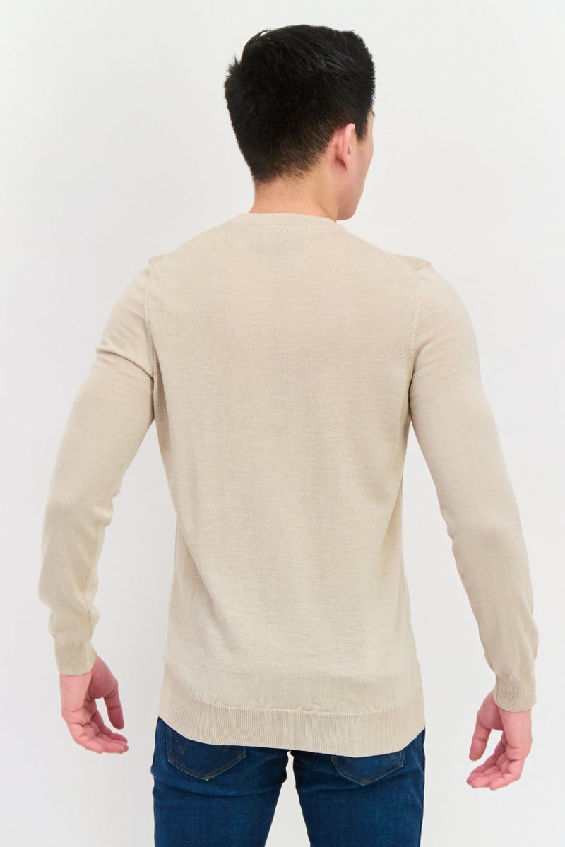 Lyle & Scott Men V-Neck Embroidered Logo Sweater, Taupe  - Image 3