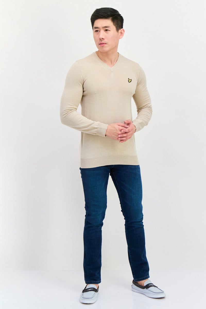 Lyle & Scott Men V-Neck Embroidered Logo Sweater, Taupe  - Image 4
