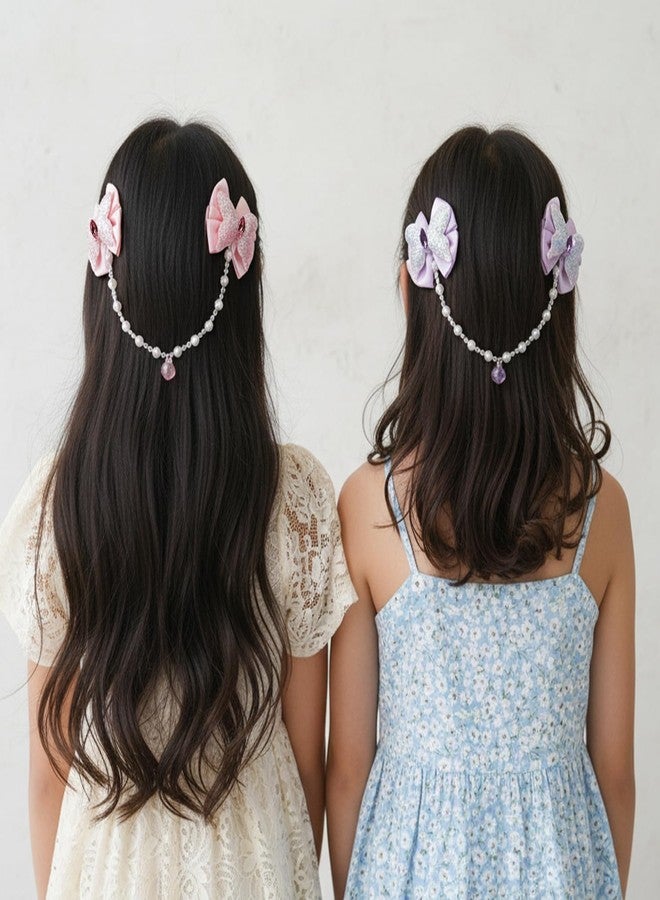 KARP Girls Hair Clips with Glitter Bows and Beaded Chain - 2Pcs Princess Style Hairpins with Heart Charm - Cute Hair Accessories for Toddlers and Kids (Hair Pin (K2525)-Style-1) - Image 2