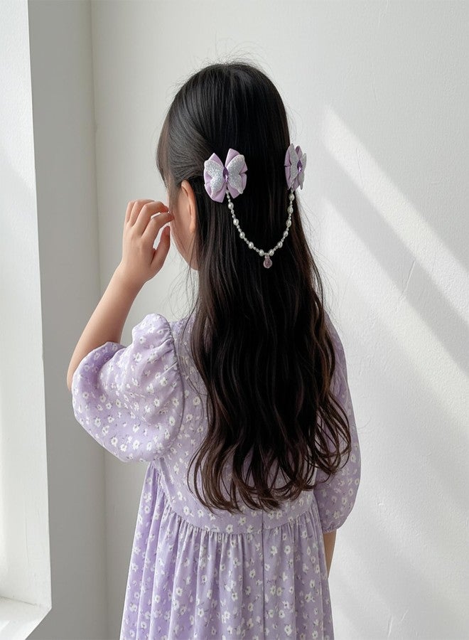 KARP Girls Hair Clips with Glitter Bows and Beaded Chain - 2Pcs Princess Style Hairpins with Heart Charm - Cute Hair Accessories for Toddlers and Kids (Hair Pin (K2525)-Style-1) - Image 4