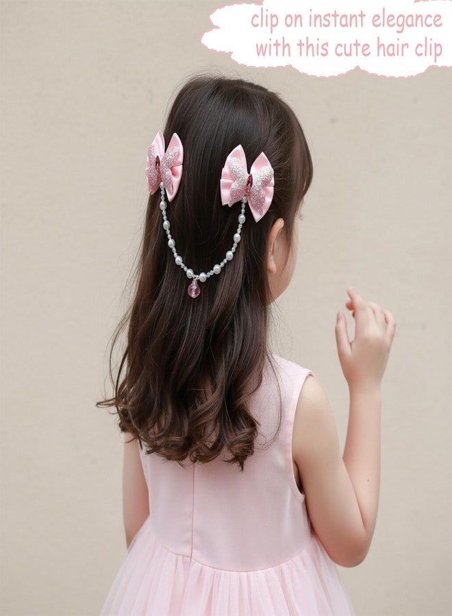 KARP Girls Hair Clips with Glitter Bows and Beaded Chain - 2Pcs Princess Style Hairpins with Heart Charm - Cute Hair Accessories for Toddlers and Kids (Hair Pin (K2525)-Style-1) - Image 5