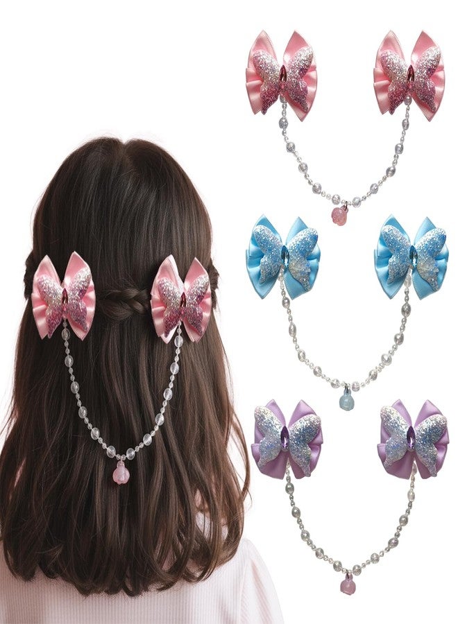 KARP Girls Hair Clips with Glitter Bows and Beaded Chain - 2Pcs Princess Style Hairpins with Heart Charm - Cute Hair Accessories for Toddlers and Kids (Hair Pin (K2525)-Style-1) - Image 1