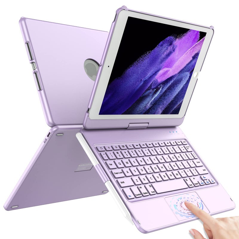 TQQ غطاء لوحة مفاتيح تعمل باللمس لجهاز iPad 10.2 الجيل 9/8/7، غطاء لوحة مفاتيح لجهاز iPad الجيل 9/8/7 - غطاء واقي دوار 360° لجهاز iPad لوحة مفاتيح الجيل 9/8/7 مع حامل قلم (بنفسجي) - Image 1