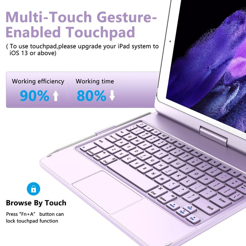 TQQ غطاء لوحة مفاتيح تعمل باللمس لجهاز iPad 10.2 الجيل 9/8/7، غطاء لوحة مفاتيح لجهاز iPad الجيل 9/8/7 - غطاء واقي دوار 360° لجهاز iPad لوحة مفاتيح الجيل 9/8/7 مع حامل قلم (بنفسجي) - Image 2