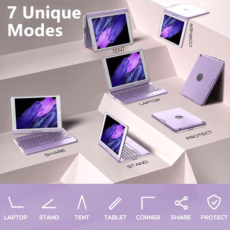 TQQ غطاء لوحة مفاتيح تعمل باللمس لجهاز iPad 10.2 الجيل 9/8/7، غطاء لوحة مفاتيح لجهاز iPad الجيل 9/8/7 - غطاء واقي دوار 360° لجهاز iPad لوحة مفاتيح الجيل 9/8/7 مع حامل قلم (بنفسجي) - Image 5