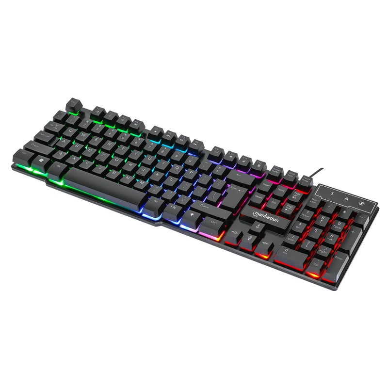 MANHATTAN RGB LED USB Gaming Keyboard - Full Size, Rainbow Backlight, Spill-Resistant, Quiet Keystrokes, 12 Multimedia Function Keys, for Computer, PC, Desktop, Gamer â€“ 3 Yr Mfg Warranty - 180603 - Image 1