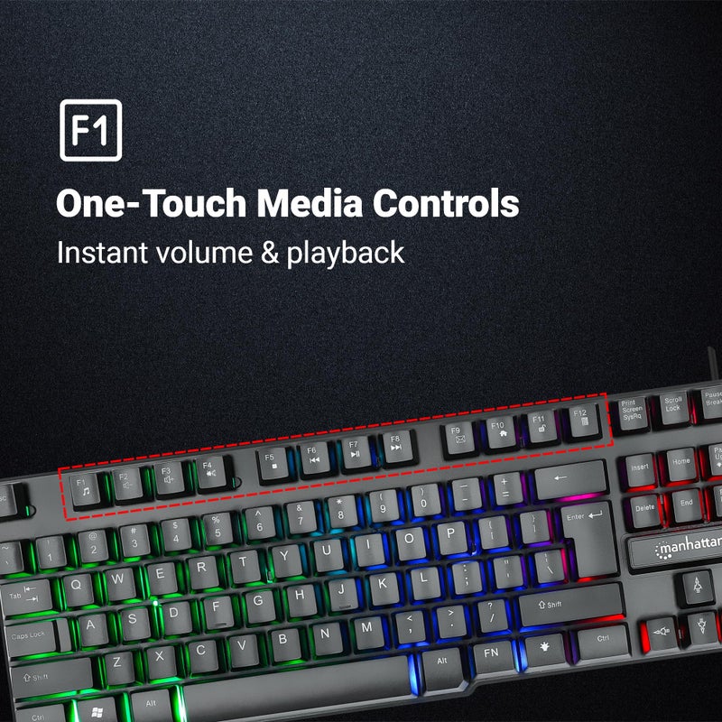 MANHATTAN RGB LED USB Gaming Keyboard - Full Size, Rainbow Backlight, Spill-Resistant, Quiet Keystrokes, 12 Multimedia Function Keys, for Computer, PC, Desktop, Gamer â€“ 3 Yr Mfg Warranty - 180603 - Image 3