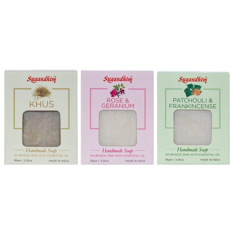 Sugandhim Khus Patchouli Frankincense Rose Geranium Handmade Ayurvedic Soap 95g x Pack of 3 - Image 1