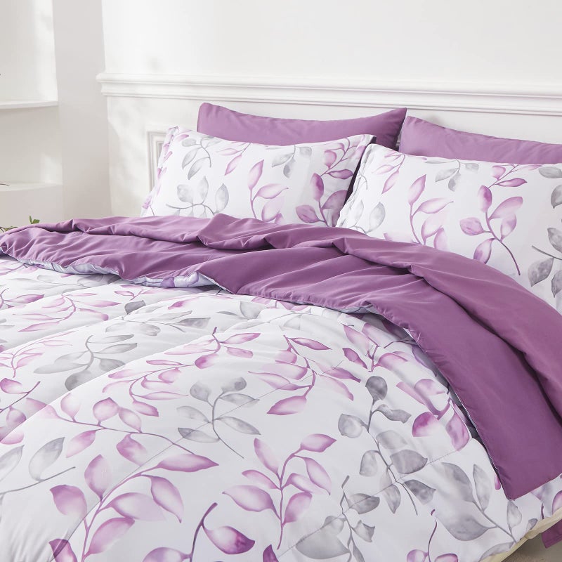 Yogeneg Botanical Comforter Set Queen Size 7 PCS Bed in a Bag,Purple Grey Leaves Printed on White Reversible Design,Soft Microfiber Bedding Complete Set for All Season(Purple,Queen) - Image 2