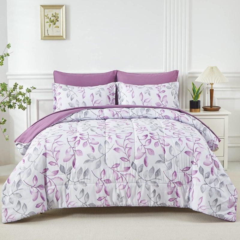 Yogeneg Botanical Comforter Set Queen Size 7 PCS Bed in a Bag,Purple Grey Leaves Printed on White Reversible Design,Soft Microfiber Bedding Complete Set for All Season(Purple,Queen) - Image 1