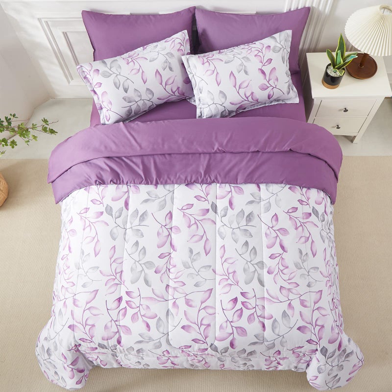 Yogeneg Botanical Comforter Set Queen Size 7 PCS Bed in a Bag,Purple Grey Leaves Printed on White Reversible Design,Soft Microfiber Bedding Complete Set for All Season(Purple,Queen) - Image 3