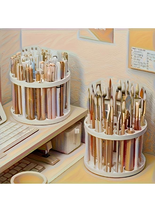 حامل فرشاة دوارة أبيض لأقلام الفن ومكياج صندوق تخزين مكتبي يوفر المساحة - Image 2