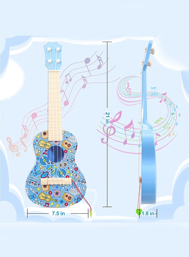 JOUDIYA 21inch Colorful Graffiti Ukulele Guitar for Kids, 4 Strings Kids Guitar Ukulele Musical Instruments Learning Educational Toys with Picks for Kids Toddler Boys Girls, Blue - Image 2