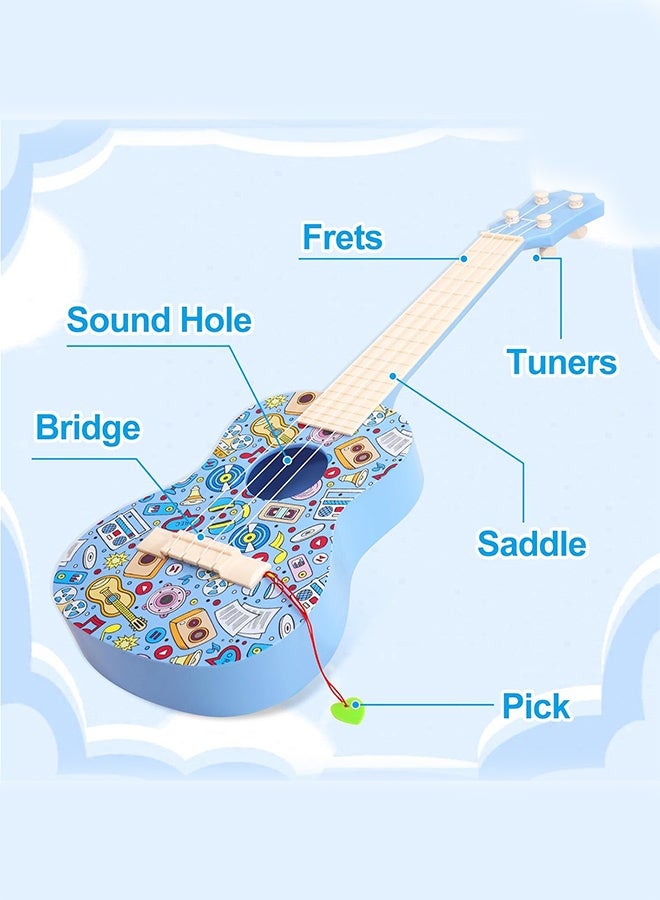 JOUDIYA 21inch Colorful Graffiti Ukulele Guitar for Kids, 4 Strings Kids Guitar Ukulele Musical Instruments Learning Educational Toys with Picks for Kids Toddler Boys Girls, Blue - Image 3