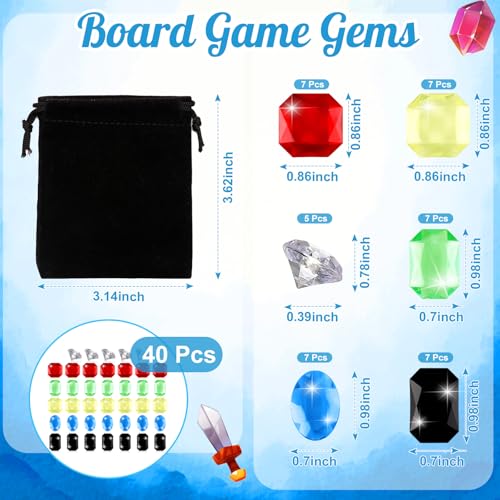 MSHUNKEJI 40 Pcs Board Game Gems 6 Styles Board Game Gemstones with Black Drawstring Bag Glass Gemstones Multicolor Pirate Treasure Gems for Adults 24 Players Family Party Gifts 30 Min Playtime - Image 5