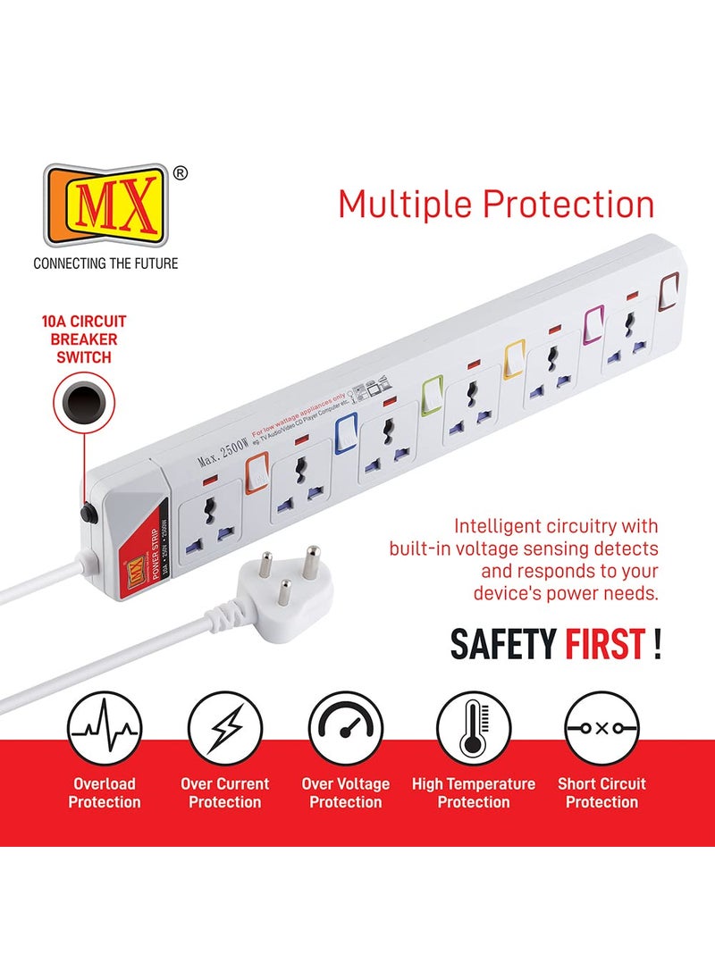 MX MX Extension Board with Individual Switch Multi Plug Socket with 6 Universal Socket Power Strip with Safety Shutter Indicator Circuit Breaker Protection Spike Guard 10A Extension Board 3 MTR  - Image 4