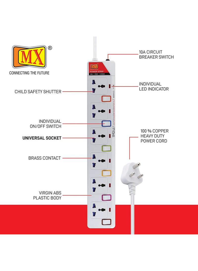 MX MX Extension Board with Individual Switch Multi Plug Socket with 6 Universal Socket Power Strip with Safety Shutter Indicator Circuit Breaker Protection Spike Guard 10A Extension Board 3 MTR  - Image 3