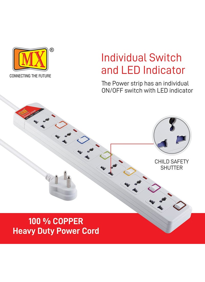MX MX Extension Board with Individual Switch Multi Plug Socket with 6 Universal Socket Power Strip with Safety Shutter Indicator Circuit Breaker Protection Spike Guard 10A Extension Board 3 MTR  - Image 5