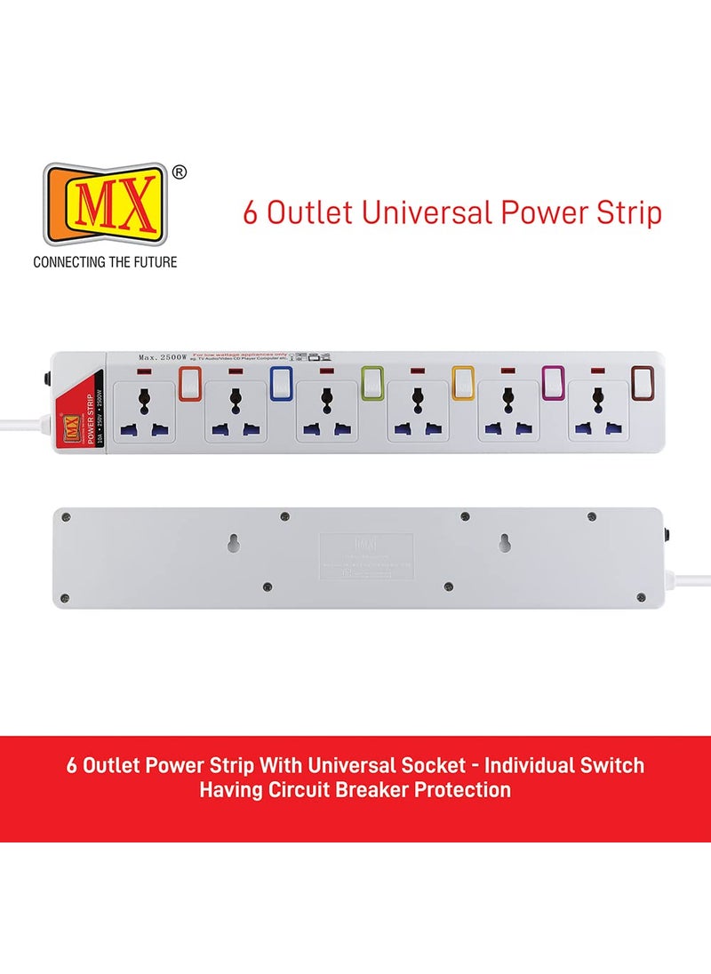 MX MX Extension Board with Individual Switch Multi Plug Socket with 6 Universal Socket Power Strip with Safety Shutter Indicator Circuit Breaker Protection Spike Guard 10A Extension Board 3 MTR  - Image 2