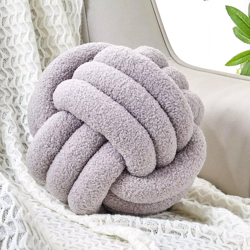 Uvvyui Knot Pillow Ball Soft Home Decorative Round Throw Pillow Handmade Knotted Plush Pillow Round Boucle Pillow Cushion 86 Inches Light Grey