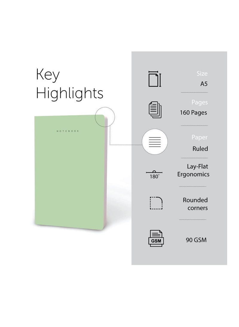 FACTOR NOTES A5 Size Minimalist Softbound Ruled Notebook 160 Pages 90gsm Thickness Green Cover - Image 2