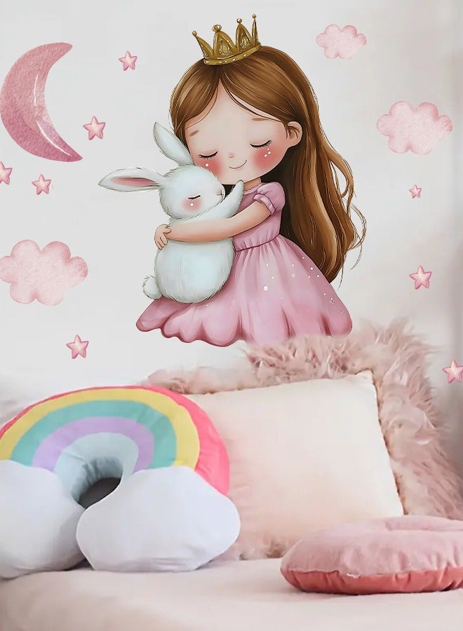 ملصقات حائط ذاتية اللصق على شكل أميرة لطيفة مع أرنب، ديكور غرفة الأطفال باللون الوردي، ملصق حائط فني بموضوع السماء المرصعة بالنجوم لغرفة نوم الفتيات أو غرفة الأطفال - Image 3