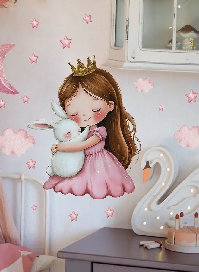 ملصقات حائط ذاتية اللصق على شكل أميرة لطيفة مع أرنب، ديكور غرفة الأطفال باللون الوردي، ملصق حائط فني بموضوع السماء المرصعة بالنجوم لغرفة نوم الفتيات أو غرفة الأطفال - Image 5