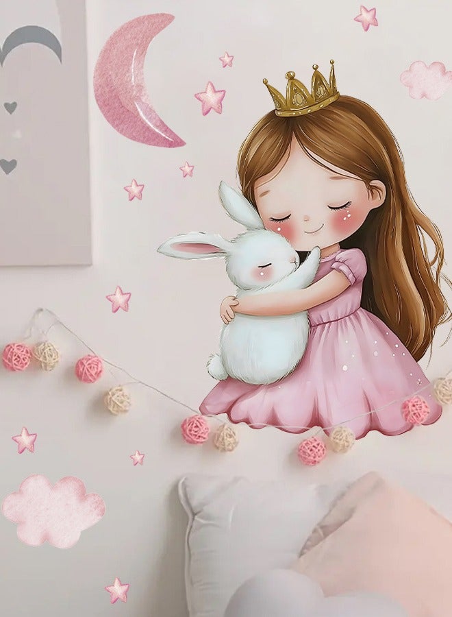 ملصقات حائط ذاتية اللصق على شكل أميرة لطيفة مع أرنب، ديكور غرفة الأطفال باللون الوردي، ملصق حائط فني بموضوع السماء المرصعة بالنجوم لغرفة نوم الفتيات أو غرفة الأطفال - Image 2