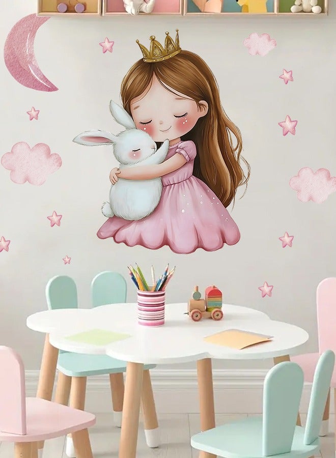 ملصقات حائط ذاتية اللصق على شكل أميرة لطيفة مع أرنب، ديكور غرفة الأطفال باللون الوردي، ملصق حائط فني بموضوع السماء المرصعة بالنجوم لغرفة نوم الفتيات أو غرفة الأطفال - Image 4