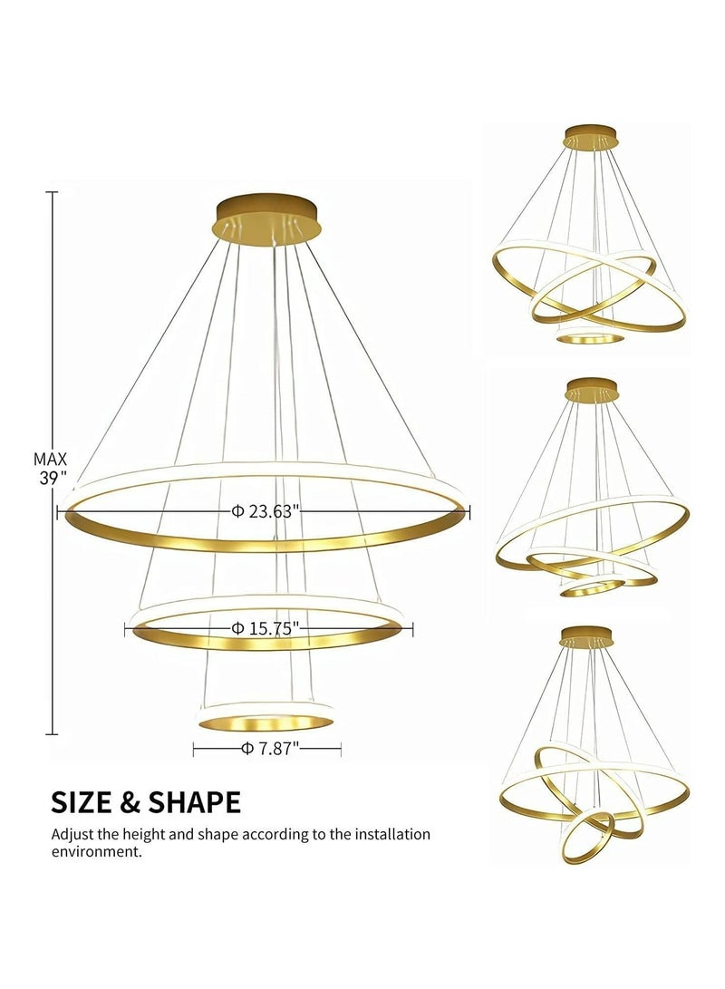 أس بي قوة عظمى الحديثة أدى ضوء قلادة، 3 حلقات الثريات تركيبات عكس الضوء مع جهاز التحكم عن بعد 3-لون ليد الثريا السقف قلادة ضوء لغرفة النوم، غرفة المعيشة، غرفة الطعام، المطبخ - Image 2