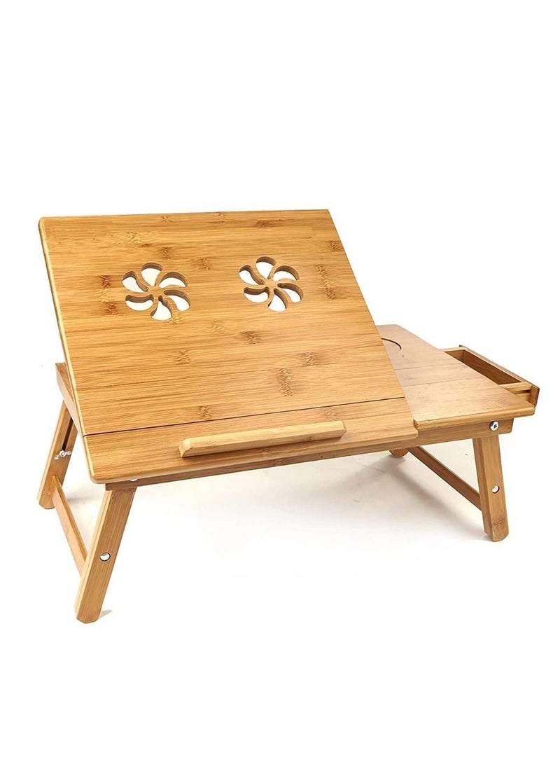 LINGWEI Laptop Table Bamboo Adjustable Laptop Table Desk Foldable Laptop Table Portable Bamboo Laptop Bed Folding Desk with Drawer Wooden Food Serving Tray - Image 2