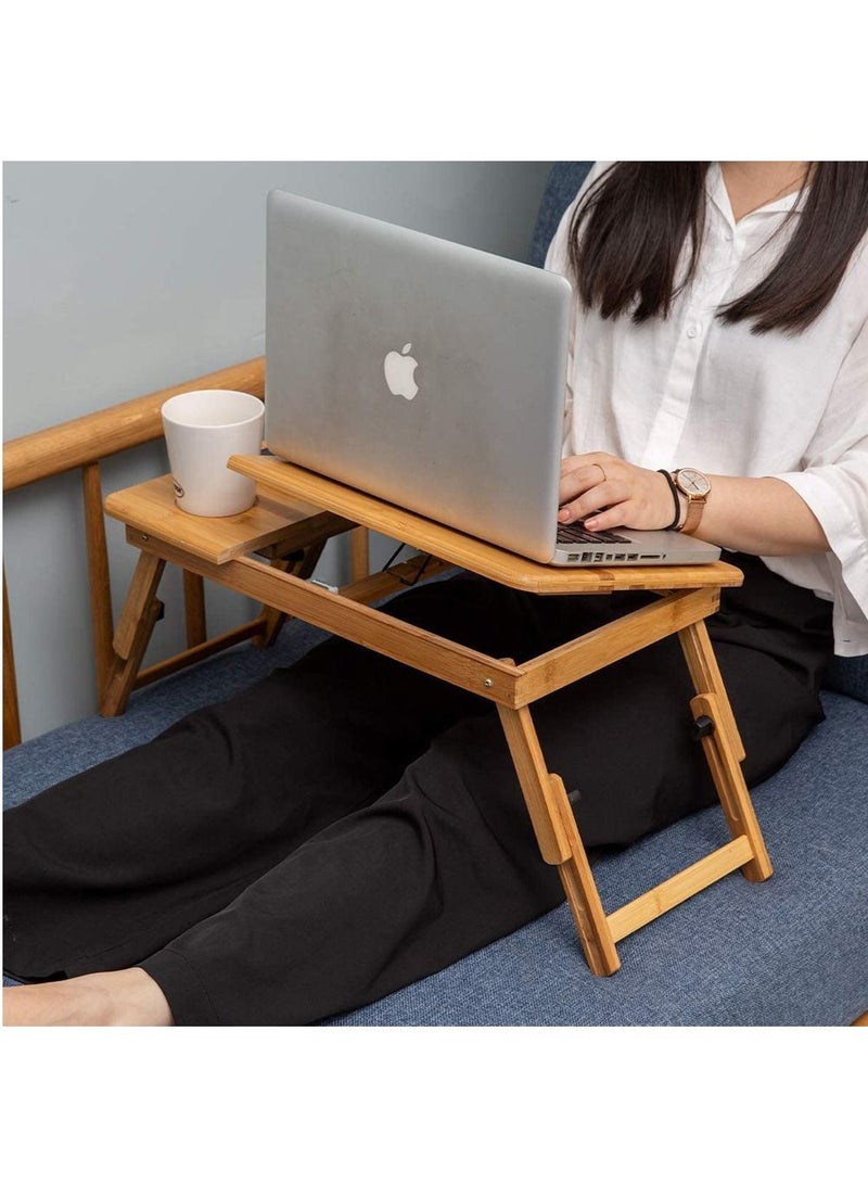 LINGWEI Laptop Table Bamboo Adjustable Laptop Table Desk Foldable Laptop Table Portable Bamboo Laptop Bed Folding Desk with Drawer Wooden Food Serving Tray - Image 3