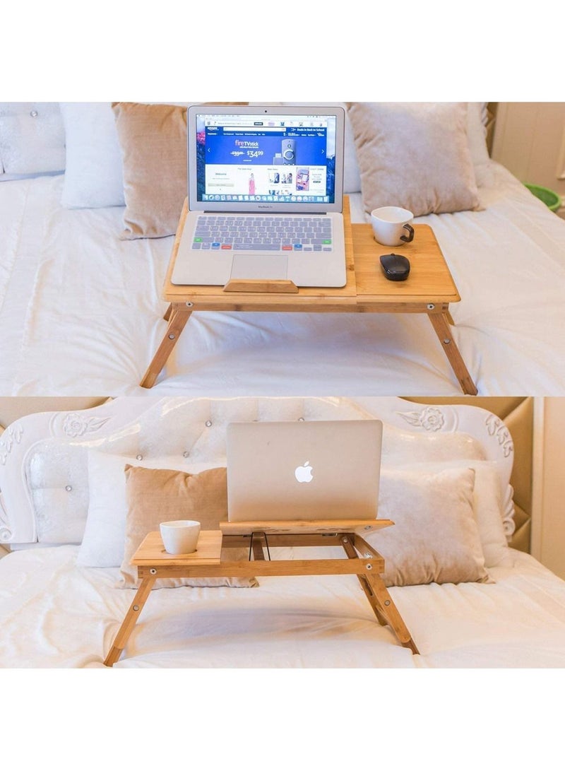 LINGWEI Laptop Table Bamboo Adjustable Laptop Table Desk Foldable Laptop Table Portable Bamboo Laptop Bed Folding Desk with Drawer Wooden Food Serving Tray - Image 4