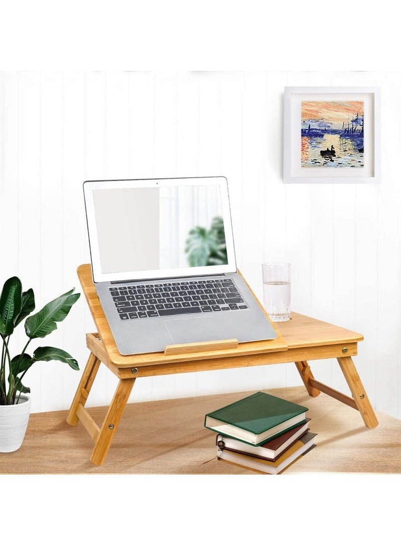 LINGWEI Laptop Table Bamboo Adjustable Laptop Table Desk Foldable Laptop Table Portable Bamboo Laptop Bed Folding Desk with Drawer Wooden Food Serving Tray - Image 1