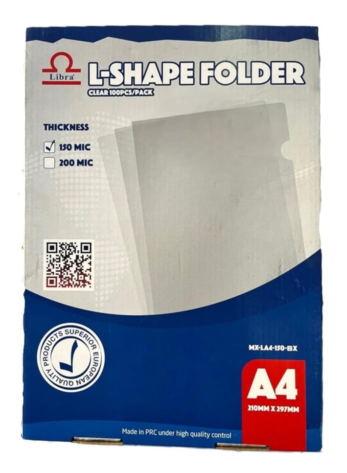 Libra A4 L-SHAPE FOLDER 150MIC, 210mmx 297mm, Clear 100pcs/pack  - Image 1