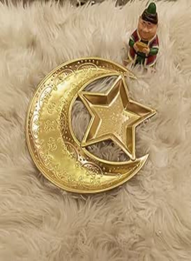 Discover the luxury of Ramadan in every bite! golden plate with star and crescent moon, holder for delicious sweets and nuts by Pegwi Bell."